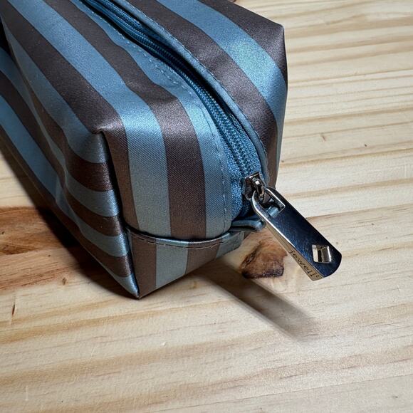 Jewell by Thirty One Uptown Mini Pouch Makeup Blue Black Stripe Zipper Shiny - Picture 4 of 10